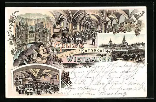 Lithographie Wiesbaden, Teilansicht, Restaurant Rathskeller