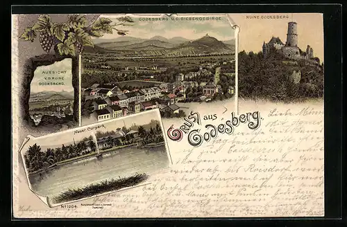 Lithographie Godesberg, Ruine Godesberg, Neuer Curpark, Teilansicht