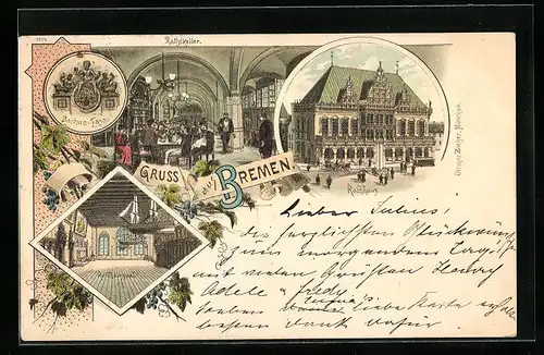 Lithographie Bremen, Gasthaus Rathskeller, Rathaus, Bachus-Fass