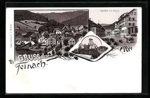 Lithographie Teinach, Badhotel mit Hirsch, Zavelstein, Teilansicht