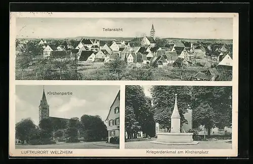 AK Welzheim, Teilansicht, Kirchenpartie, Kriegerdenkmal am Kirchenplatz