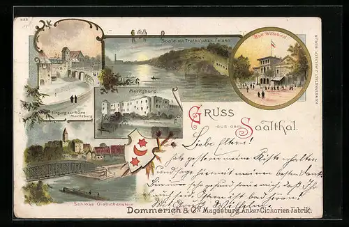 Lithographie Bad Wittekind, Ruine Moritzburg, Saaltal, Schloss Giebichenstein