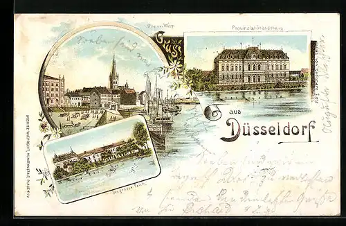 Lithographie Düsseldorf, Provinzial-Ständehaus, Rhein-Werft, Der grosse Teich
