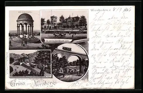 Lithographie Wiesbaden, Der Nerotempel, Restaurant auf dem Neroberg, Zahnrad-Bahn, Viaduct