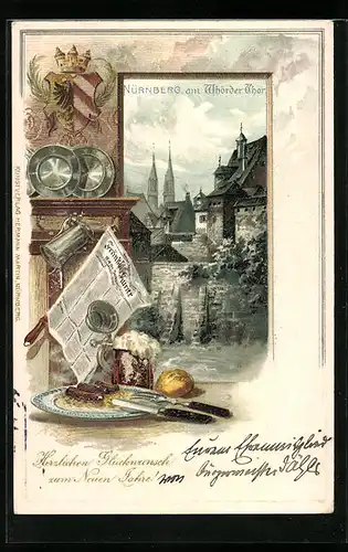 Passepartout-Lithographie Nürnberg, Wöhrder Tor, Wappen, Fränkischer Kurier