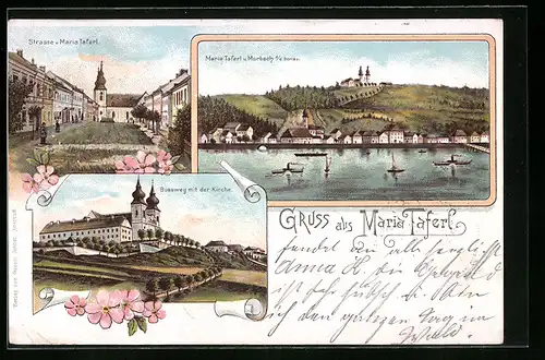 Lithographie Maria-Taferl, Ortsansicht mit Bussweg und Marbach