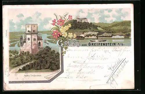 Lithographie Greifenstein a. D., Ruine Greifenstein, Uferpartie
