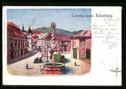 AK Mödling, Marktplatz mit Brunnen