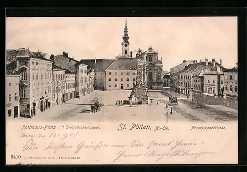 AK St. Pölten, Rathausplatz mit Dreifaltigkeitssäule und Franziskanerkirche