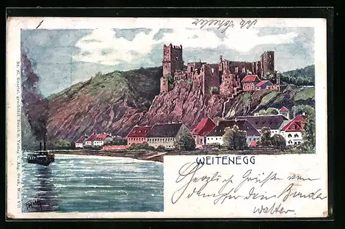 Künstler-AK Weitenegg, Ortsansicht mit Burg