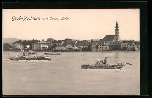 AK Gross-Pöchlarn /Donau, Panorama mit Dampfern