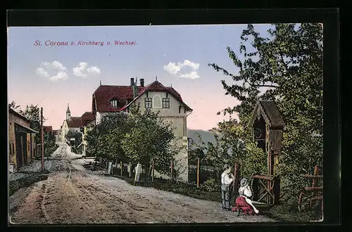 AK St. Corona, Strassenpartie mit Wegkreuz