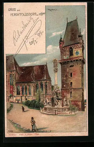 Künstler-AK Perchtoldsdorf bei Wien, Ortspartie mit Kirche