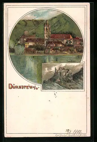 Künstler-AK Dürnstein, Ortsansicht, Ruine