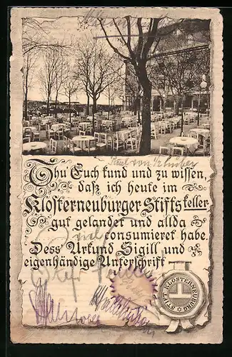 AK Klosterneuburg, Garten und Gasthaus Stiftskeller, Urkunde über Aufenthalt
