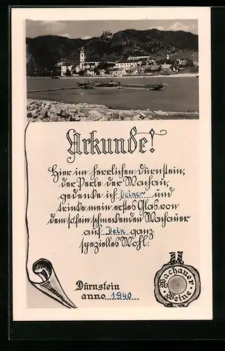 AK Dürnstein, Ortsansicht, Urkunde mit Trinkspruch