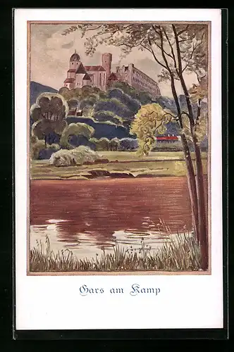 Künstler-AK Gars am Kamp, Kirche und Schloss vom Wasser gesehen