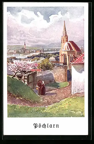 Künstler-AK Pöchlarn, Ortsansicht mit Kirche im Frühling