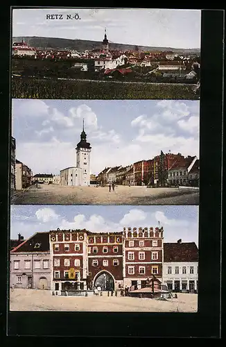 AK Retz, Ortsansicht, Marktplatz mit Kirche, Ortspartie mit Cafe Karl Süss