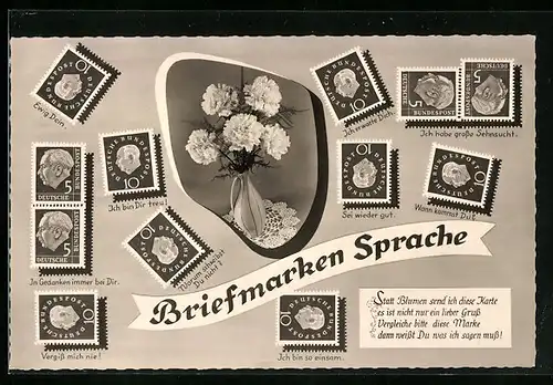 AK Briefmarkensprache, Ich bin Dir treu!, Warum schreibst Du nicht?, Wann kommst Du?, Blumen in einer Vase