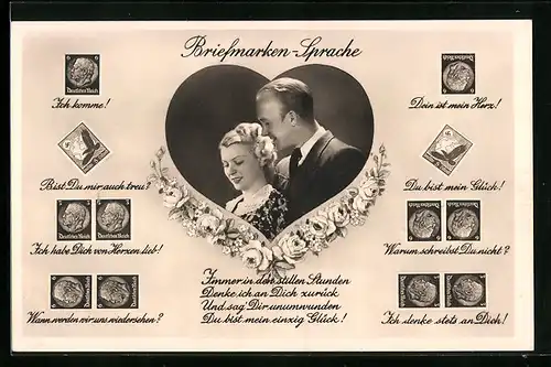 AK Briefmarkensprache, Liebespaar im Herz