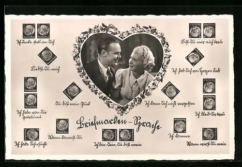 AK Briefmarkensprache, Ich komme, Wann kommst du, Du bist mein Glück, Liebespaar im Herz