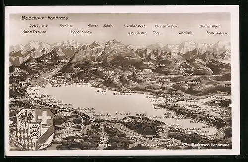 Künstler-AK Lindau, Landkarte mit Bodensee-Panorama