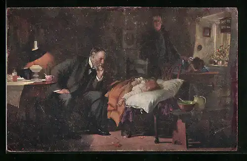 Künstler-AK Der Arzt, Kranke Dame im Bett
