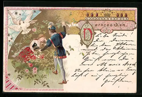 Präge-Lithographie Dornröschen mit Prinzen