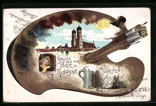 Lithographie München, Gruss aus der Kunststadt, Münchner Kindl auf Malerpalette
