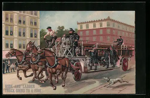 AK Feuerwehrmänner rückt auf einem Pferdelöschzug aus
