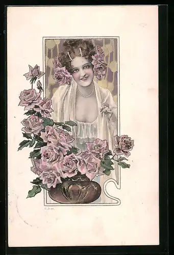 AK Dame mit Rosen, Jugendstil