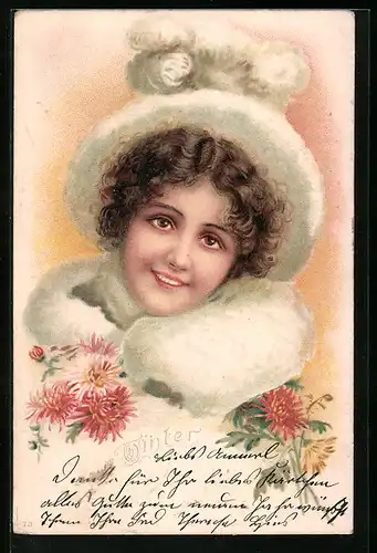 AK Dame mit Blumen lächelt, Jugendstil