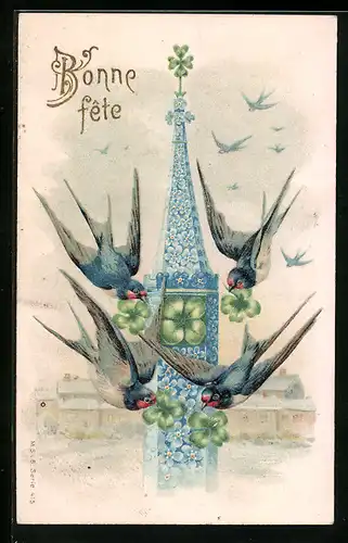 Präge-AK Turm aus Glücksklee und Blumen, Vögel, Blumenbild