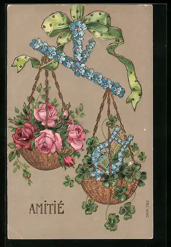 Präge-AK Rosen und Klee mit Instrument auf einer Waage, Blumenbild
