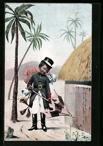 AK Postbote mit einem Schirm und Zylinder unter Palmen