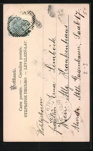 AK Postbotin verteilt Briefe auf einem Schwein