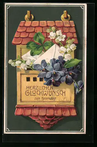 Präge-AK Briefkasten mit Briefen und schönen Blumen, Glücksklee
