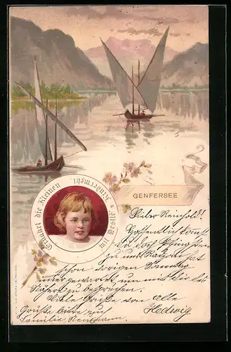 Lithographie Reklame für Nestlé Kindermehl, Segelboote auf dem Genfersee