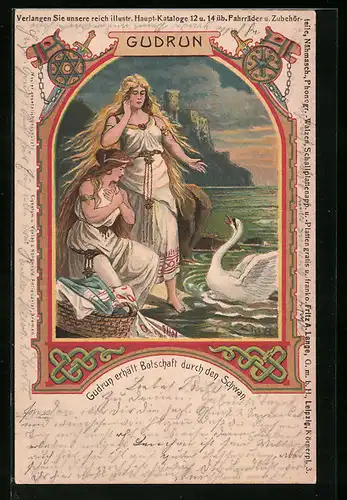 Lithographie Gudrun erhält Botschaft durch den Schwan