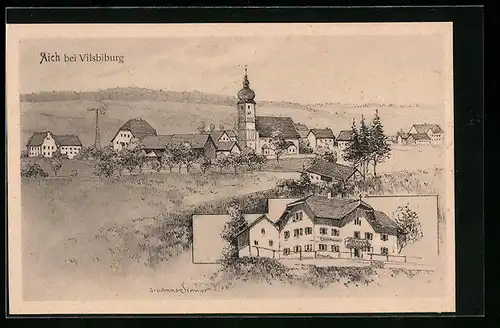 Künstler-AK sign. Hans Pernat: Aich bei Vilsbiburg, Geschäft, Ortspartie mit Kirche