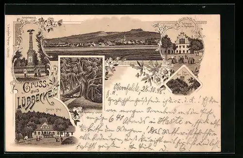 Lithographie Lübbecke, Gasthaus Horst`s Höhe, Rathaus mit Marktplatz, Kriegerdenkmal