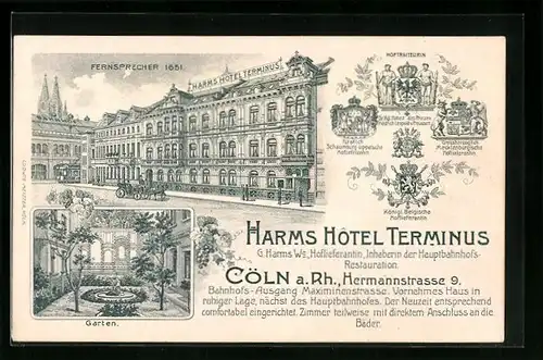 Künstler-AK Köln a. Rh., Harms Hotel Terminus, Hermannstr. 9, Garten, Wappen