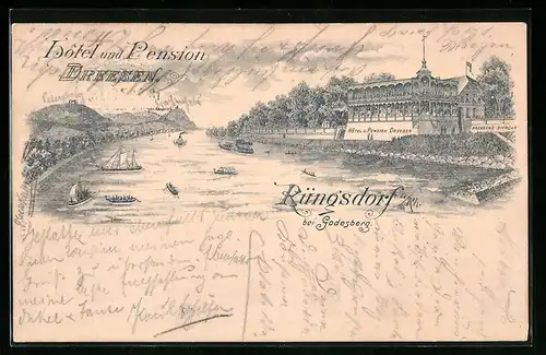 Lithographie Rüngsdorf a. Rh. bei Godesberg, Hotel-Pension-Biergarten Dreesen