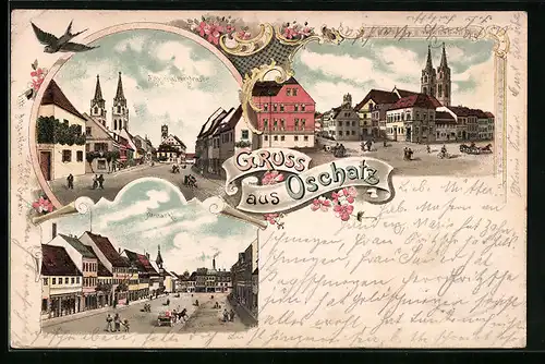 Lithographie Oschatz, Kirche, Altosehatzerstrasse, Altmarkt