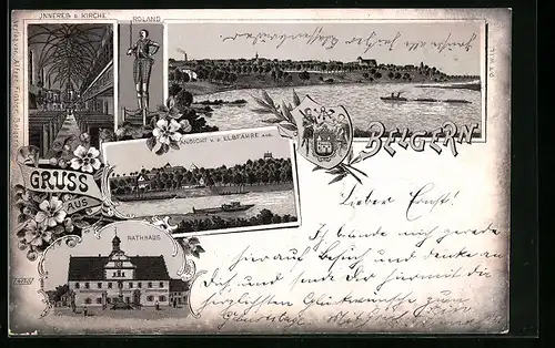 Lithographie Belgern, Rathaus, Inneres der Kirche, Roland