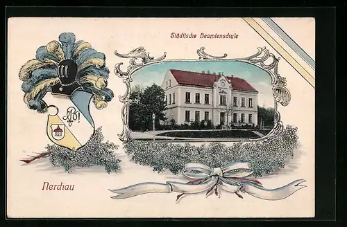 AK Nerchau, Städtische Beamtenschule, Ritterhelm und Studentenwappen