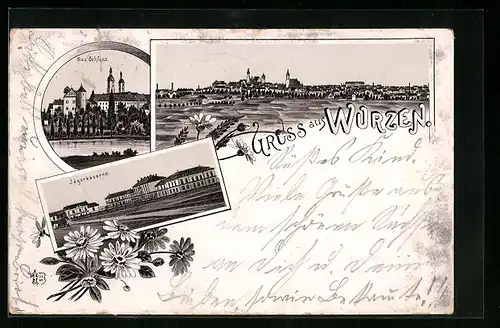 Vorläufer-Lithographie Wurzen, 1894, Teilansicht, Schloss, Jägerkaserne