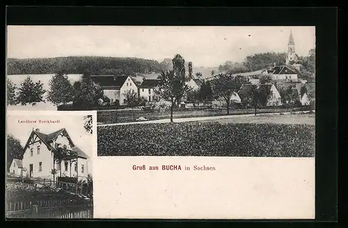 AK Bucha in Sachsen, Pension Landhaus Burckhardt, Ortspartie mit Kirche