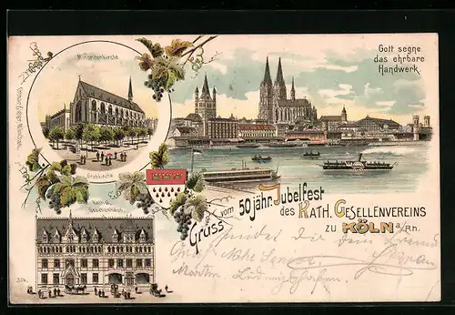 Lithographie Köln a. Rh., 50 jähr. Jubelfest des Kath. Gesellenvereins zu Köln, Katholisches Gesellenhaus, Uferpartie